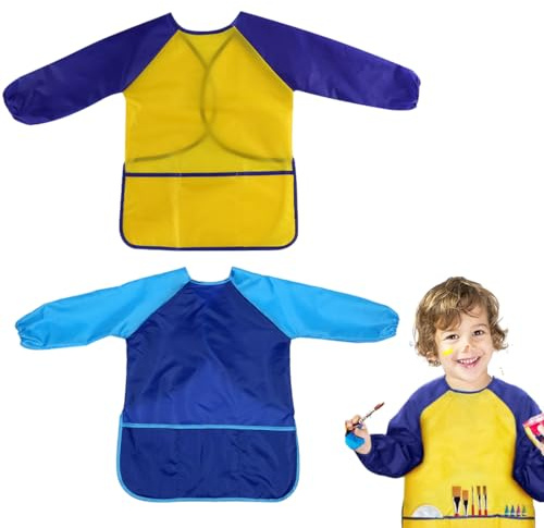 SULIUDAJI 2 Pezzi Grembiule Pittura Bambini Camice Da Pittura Per Bambini Dai 5 Agli 8 Anni Grembiule Da Pittura Con 3 Tasche A Maniche Lunghe Blu Giallo