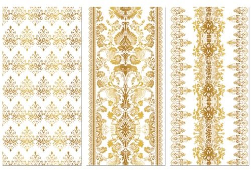 Peacoblue UV DTF Rub-On Transferfolie Möbel-Sticker Exquisite Goldene Spitze Muster 15x30cm, 3 Stk. Wasserfeste Deko-Transferaufkleber für Möbel Glas Porzellan Wäscheschränke Kommoden Holz Kunststoff | 3er Set UV DTF Transfersticker 15x30cm, Wasserfeste Dekorfolie für Möbel, Schubladen, Holz, Glas und Keramik