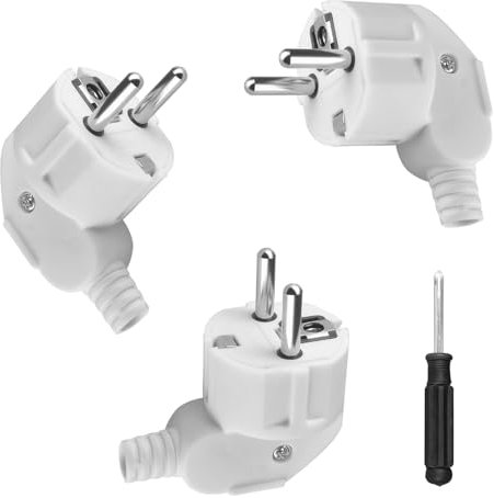 Schuko Stecker, Stecker 250V mit Schraubendreher, Schuko Winkelstecker mit Zugentlastung, Stromstecker, Schukostecker mit Knickschutztülle, IP20, Langlebig, Bruchfest(3 Stücke Weiß)