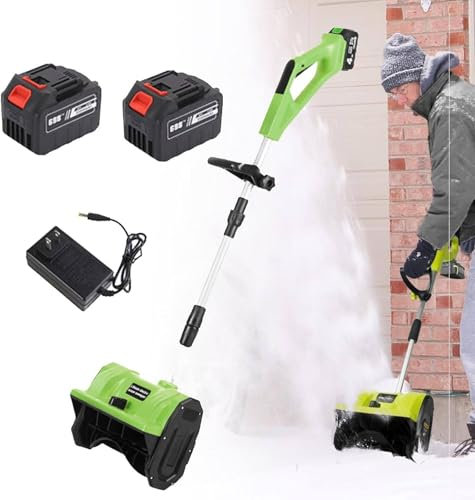 Pelle à neige sans fil, kit de souffleuse électrique 11 po, poignée réglable, plaque directionnelle, portative alimentée par batterie pour le déneigement des allées, 4,0 Ah, 2 batteries incluses,Green