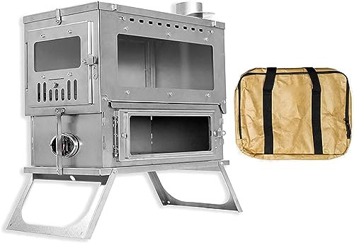 Wood Stove Lightweight Camping Stove - Folding Wood Burning Stove with Large Side Glass - Tent Stove Backpacking with Chimney Pipes - Outdoor Cooking Essentials