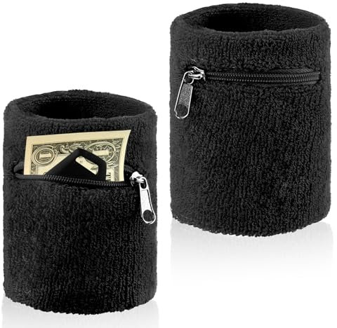 2 Piezas Muñequera Unisex con Cierre Zip, Muñequera Bolsillo para el Sudor, Muñequeras Bolsa de Algodón Grueso, Billetera de Muñeca con Cierre Zip para Tenis Baloncesto Fútbol y Fitness, Negro