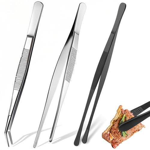 3PCS Cooking Tweezers, 25cm Long Chef Tweezers, Stainless Steel Food Tongs, Tongs Precision Serrated Tips for Baking Plating