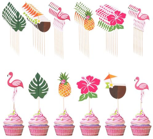 48 Pièces Cake Topper Hawaii, Decoration Cupcake Tropical avec Flamant Decoration Gateau Ananas Topper Gateau Feuille de Palmier Deco Gateau Fleur Tropicale, pour Luau Summer Beach Bar Party