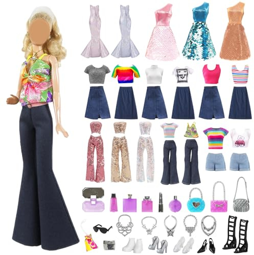 Conjunto de ropa y accesorios para muñecas, 32 piezas, kit de ropa para muñecas de 11,5 pulgadas con tirantes Tops Jeans Lentejuelas Ropa Vestidos Zapatos Bolsos Accesorios de collar para muñeca