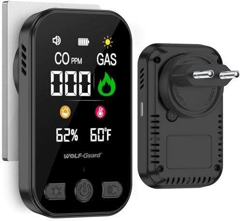 Wolf Guard 4 in 1 Rilevatore di Gas e Monossido di Carbonio con Spina per Casa, Rivelatore di Gas Combustibile per Gas Naturale LPG Metano Propano Butano, con Batteria, HD12-CG (bianco) (nero)