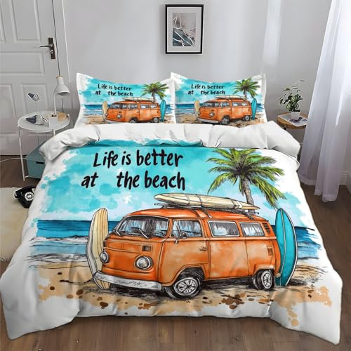 Blanc Housse de Couette Réversible Aquarelle Surf Van Plage 3 Pièces, 1 Personnes Ensemble de Literie 140 x 200 cm Microfibre Douce Durable Housse de Couette avec 2 Taies d'oreiller 65 x 65 cm