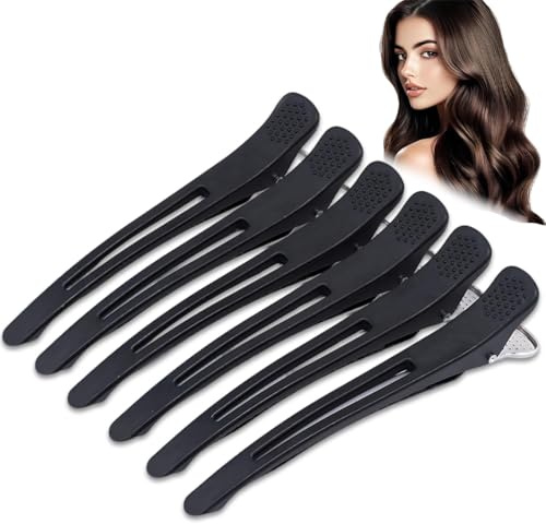 GILWUMO 6 Mollette per Acconciature a Sezioni, Mollette Antiscivolo a Forma di Becco d'Anatra che non Lasciano Segni, con Strisce in Silicone (Nero)