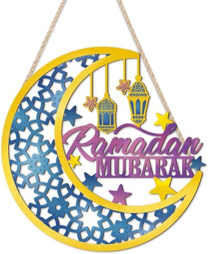 ANHUIB Ramadan Wall Art Eid Mubarak Moon Lanterns Hanger Ramadan Mubarak Wood Wall decor Eid Ramadan Wreath Hollow-out Moon Muslim Ramadans Table Decor Islamic Sign Door Decor for Outside Indoor Room