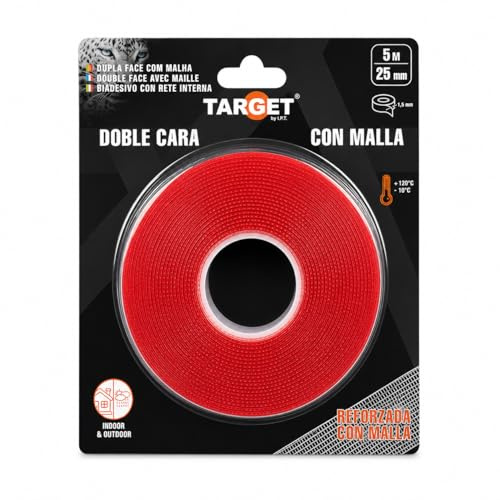 TARGET - Cinta Adhesiva Doble Cara con Malla Reforzada 5 m x 25 mm – Alta Resistencia para Interior y Exterior, Montaje Fuerte para Hogar, Oficina y Bricolaje