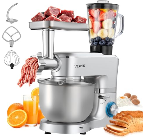 VEVOR Procesador de Alimentos Eléctrico Multifuncional, 1500 W, Bol de Acero Inoxidable 6 L y Bol para Mezclar 1,5 L, con 6 Velocidades + P, Gancho para Amasar, Batidor de Varillas y El Plano