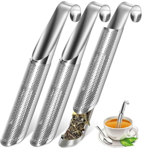 HUZNA Lot de 3 Filtres à thé en Acier Inoxydable Diffuseur,Infuseur à thé à long Manche Passoire à thé en Maille,Cuillere Tube Infuser Strainer épices Filter,pour Théière, Mug, Tasse, Bouteille