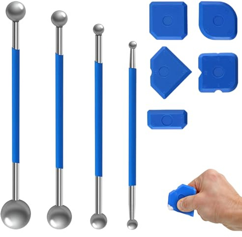 Fugenglätter Set 9-teilig, Silikonentferner und Fugenwerkzeug Set, Dichtungswerkzeug mit Metallkugel-Zieher und Fugenglätter, vielseitig einsetzbar für Bad, Küche, Fenster, Fliesen, Heimwerk