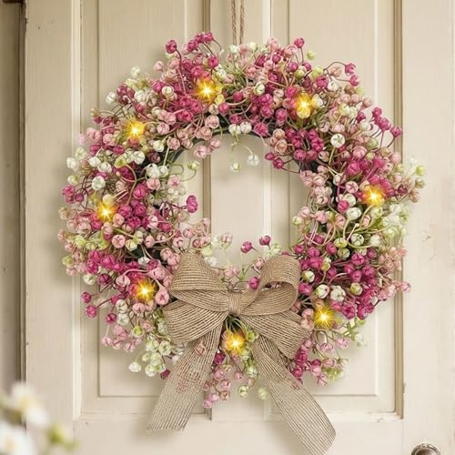 30CM Türkranz Frühling mit LED Licht, Frühlingskranz Haustür mit Lichterkette Künstliche Blumen Kranz Beleuchtet Frühlingsdeko Kranz mit Beleuchtung Türkranz Ostern Blumenkranz Wandkranz für Deko (C)