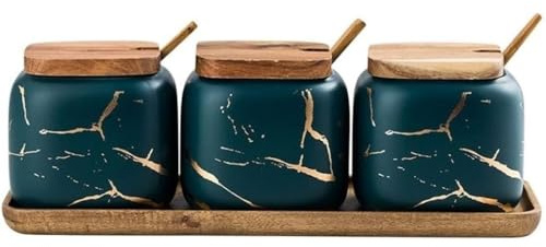 SAeWare Set di contenitori per spezie in ceramica con cucchiaio e coperchio, verde