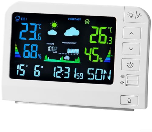 Reloj despertador digital con estación meteorológica, pantalla LCD a color, temperatura interior y exterior, datos de humedad y visualización de pronóstico (767 blanco)