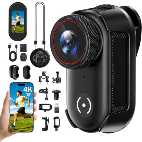 pokurui 4K Action Cam Mini Bodycam - Cámara magnética con 6 ejes de hielo | Gran angular de 150°, aplicación WiFi, 150 min. Grabación, 28,2 g, grabación en bucle, webcam, motocicleta/viajes/mascotas
