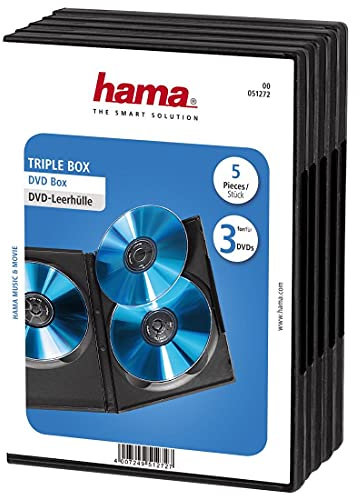 Hama Boîtier standard (pour 3 DVD, convient également aux CD et disques Blu-ray, avec film pour l'insertion de la jaquette, lot de 5) Noir