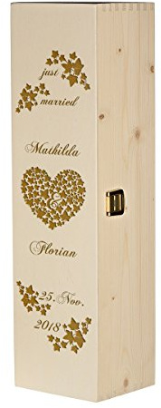 polar-effekt Weinkiste Holzbox mit Gravur – Personalisierte Geschenkbox für Weinflasche Weinpräsent – Aufbewahrungskiste Geschenk zur Hochzeit – Motiv just Married mit Efeuranken