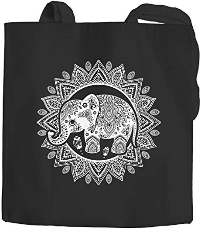 Autiga Jutebeutel Elefant Mandala Boho Bohamian Ethno Tribal Ornament Baumwolltasche Stoffbeutel Einkaufsbeutel schwarz 2 lange Henkel