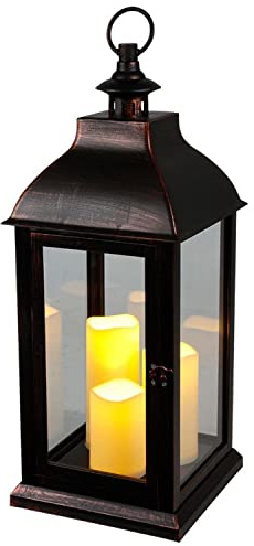 BURI XXL-lykta vintage | Lykta svart med 3 LED-ljus flimmereffekt | lykta ljushållare 60 cm | stor dekorationslykta med glasskivor | ljuslykta med timer | för inomhusbruk