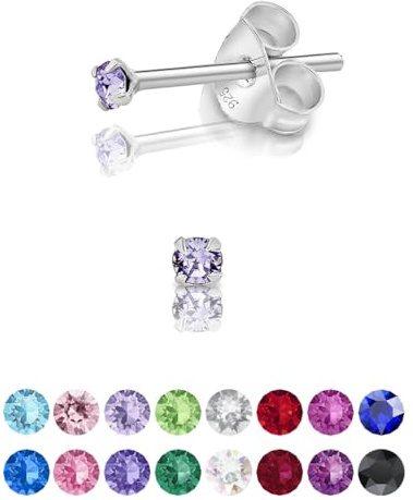 Pendientes de Botón Plata Ley 925 on Cristales Brillantes Lila - Pendientes Pequeños Mujer Plata 925 - Punto de Luz Hipoalergénicos sin Niquel - Diámetro 2 mm