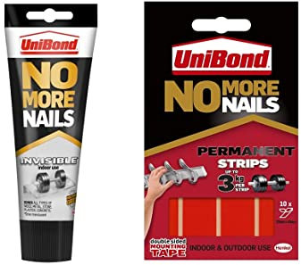UniBond No More Nails Invisible, Heavy-Duty Clear Glue & No More Nails Permanent Strips, Adhesive Strips, Double Sided Sticky Tape for Interior & Exterior Use, Waterproof Tape, Pack of 10