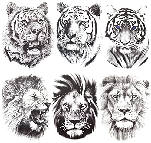 AIBAOBAO 6 Sheets 3D Realistic Large Temporary Tattoos Stickers, Large Fake Tattoos Lion Tiger Wolf for Men Women, Black Animals Sketch Body Chest Shoulder Neck Face Arm Thigh for Party, Easter Party