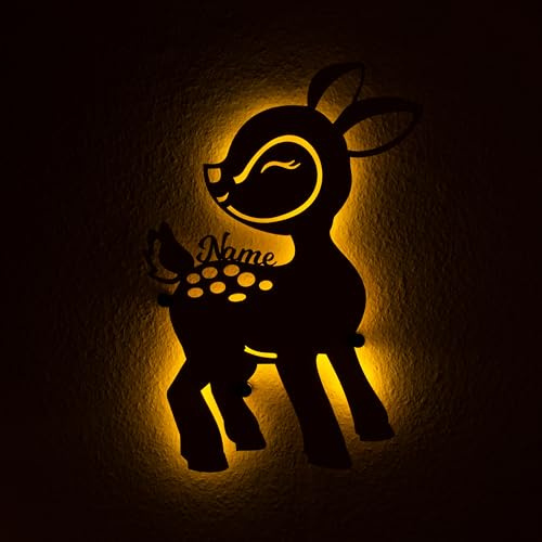 Namofactur personalisiertes Rehkitz-Nachtlicht aus Holz für Kinder | Mit Wunschname und Geburtsdaten – in verschiedenen Farben sowie mit LED- oder RGB-Beleuchtung wählbar