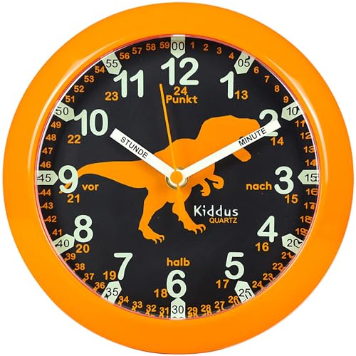 Kiddus Wanduhr Kinder & Lernuhr, 20cm Uhr für Kinderzimmer, Jungen & Mädchen, Lautlos ohne Ticken, Markierte Zeiger (Stunde & Minute), Pädagogisches Design - 06 Dino DE 20cm