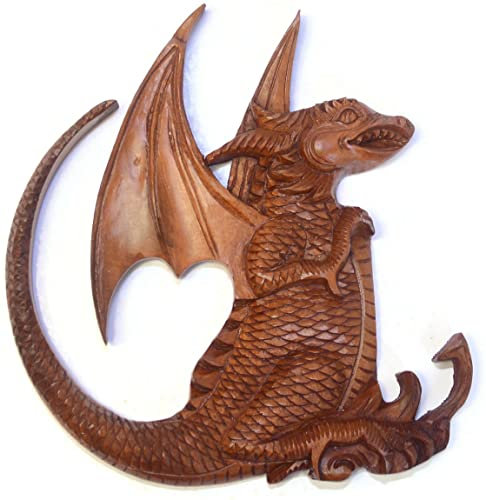 Brave Wings Hand Carved Wooden Dragon Relief Panel ~ Winged Dragon 0 ~ OOAK Ornament Sculpture Figurine Statue Unique Wall Decoration Home Decor Gift for Christmas and Birthdays ~ 4309