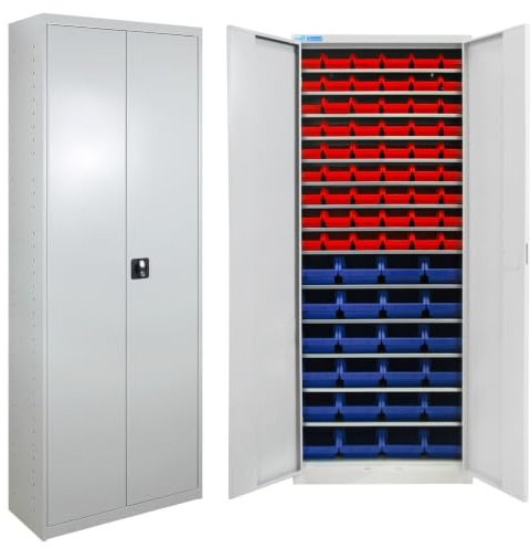 HEMMDAL Flügeltürenschrank mit Sichtlagerkästen | H195xB71xT30 cm | Grau | inkl. Stapelbox 54x Rot + 24x Blau | Aufbewahrung von Kleinteilen & Werkzeug | Zylinderschloss | Werkzeugschrank aus Stahl