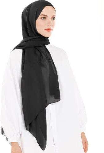 Kopftuch Damen Hijab - Schwarz Chiffon Hijab Kopftuch Für Damen - Moderne Muslimisch Chiffon Hidzab Tuch Schal Kopftucher - Seidenweiche Tush Schal Für Frauen - Schwarz