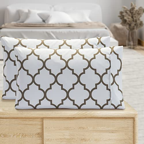 Valerian Trellis Printed Pillowcases 2-Piece Set Egyptian Quality 1500 Thread Count Timeless Classic Designs Soft and Smooth Weave, Wrinkle Resistant, Trellis King Pillowcase, White