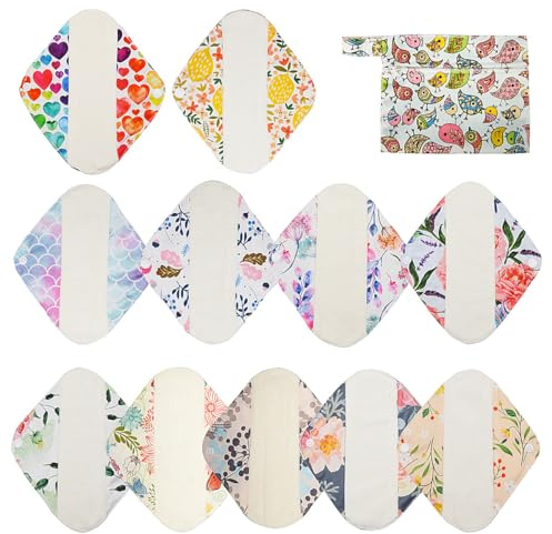 ReUseLife 12 Pieces Cloth Menstrual Pads,Reusable Sanitary Pads,Size 8 inch Panty Liner,Unscented