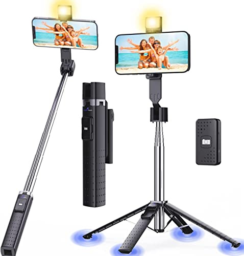 Ambertronix Selfie Stick Treppiede Quadrapod da 101,6 cm, Luce a bordo, Telecomando senza fili Bluetooth, Estensibile, Acciaio Inox, 3 Modalità di Luce, 9 Livelli di Luminosità, Compatibile con Tutti
