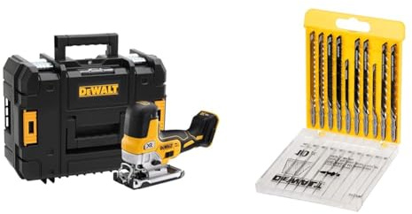 DEWALT - Scie Sauteuse à Prise par le Corps Brushless XR 18V - Courses à Vide 3200cps/min - Coupe Bois 135mm / Acier 10mm & Coffret de 10 Lames en Acier de Scie Sauteuse - Spécial Découpe du Bois