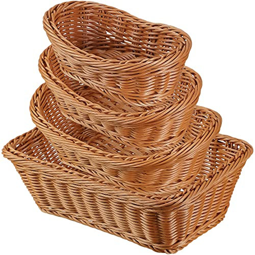 Mimorou 4 Stück Weidenkorb zum Servieren von gewebten Obst-Ernte-Snacks, braun, Aufbewahrungsbehälter, Gemüse-Lebensmittelkörbe, Küchentisch, oval und rechteckig