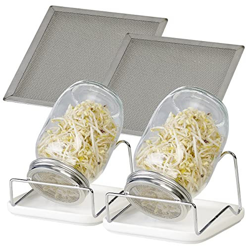 Royal Gardineer Sprossengläser: 2er-Set Keimgläser mit Metall-Ständer, Kressesieb, Auffangschale, 1 l (Sprossenanzucht, Sprossenzuchtgläser, Gewächshaus)