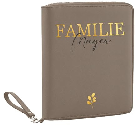 AWASG Organizer mit Namen personalisiert | Motiv Familie | Familienorganizer Reisemappe Dokumententasche viele Fächer Reisepass Karten Unterlagen Impfpass (Taupe)