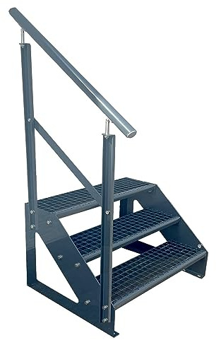 Kaminbau Mierzwa Premium Treppe Freistehend 3 Stufen Anthrazit Geländer Links (Breite 1000 mm) (Höhe 57cm) Wetterfest Gitterroststufe Gartentreppe