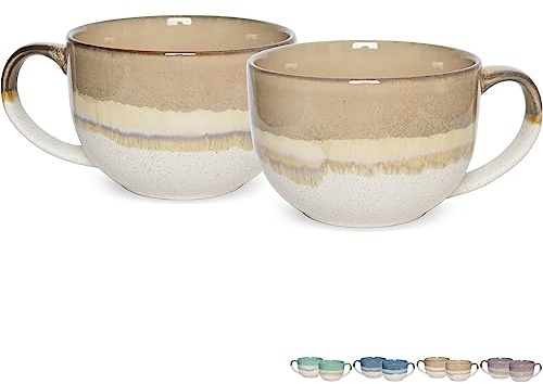 Bosmarlin Ceramic Jumbo Coffee Mug Set of 2, 23 Oz, Large Mug Soup Bowls with Handles, Dishwasher and Microwave Safe (Brown Grey)