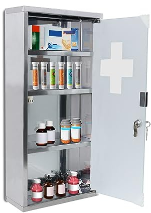 JOIEYOU Medizinschrank, Apothekerschrank aus Edelstahl, Medikamentenschrank mit 4 Fächer, Arzneischrank hängend Medikamenten Aufbewahrung 30x12x57.5 cm