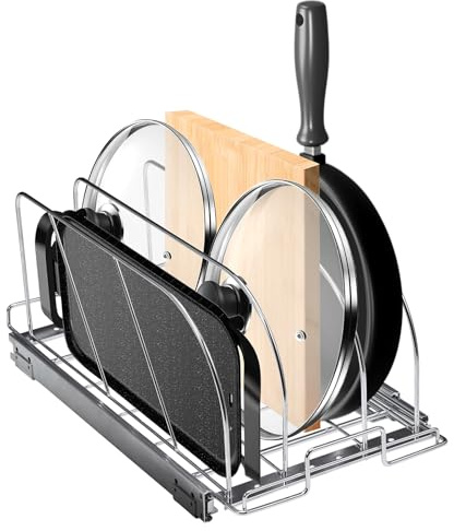VEVOR Pan and Pot Rack, Expandable Pull Out Under Cabinet Organizer, Cookie Baking Pans tray Organization, Adjustable Wire Dividers, Steel Lid for Kitchen Cabinet & Pantry, 8.5W