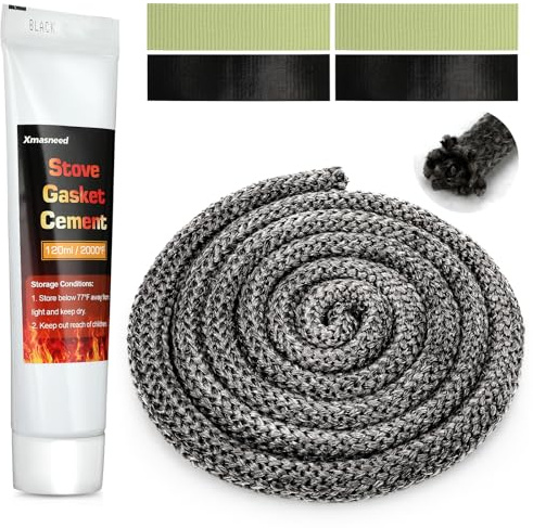 Xmasneed Wood Stove Gasket Kit, 5/8'' Wood Stove Door Gasket, Graphite Impregnated Fiberglass Wood Stove Rope Gasket, High Temperature Resistant, Wood Stove Parts Accessories with Glue，98 inch Long