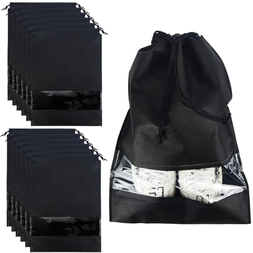 Shoe Bags for Travel,12PCS Black Travel Shoe Bags for Packing,Non-woven Shoe Bags for Storage,Shoe Bags for Travel Women & Man,Portable Shoes Organizer Pouch with Rope,Dust-proof Shoe Bag 13 x 17.32“