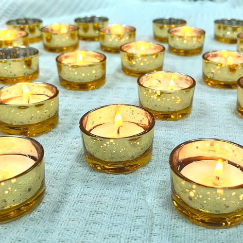 GOLDEAL 30 Pcs Samll Glass Tealight Candle Holders Speckled Gold Glass-Tea Candle Holders Bulk-Perfect for Weddings, Parties, Dinners - Ideal for 1.5 Standard Tealights and Candle Moulds…