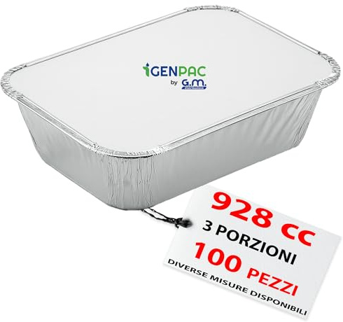 GM – 100 Contenitori Alluminio 3 Porzioni 928 cc con 100 Coperchi Alluminizzati, Vaschette per Alimenti Ideali per Forno, Congelamento, Gastronomia e Asporto Professionale