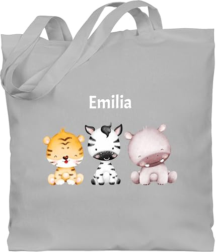 Baumwolltasche - Tiere - Tiger Zebra Nilpferd Safaritiere mit Name - Unisize - Hellgrau - beutel kindergarten personalisierte tasche kinder tier personalisierter stoffbeutel