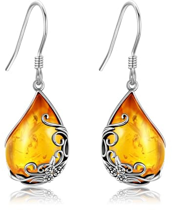 POPLYKE Teardrop Amber Earrings for Women 925 Sterling Silver Flower Earrings Dangle Filigree Amber Jewelry for Her